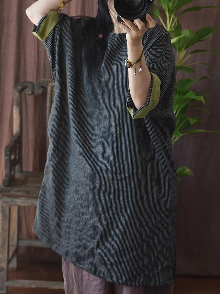 

Johnature женские рубашки в китайском стиле, летние льняные полосатые винтажные свободные рубашки с короткими рукавами, женские блузки на пуговицах One Size чёрный