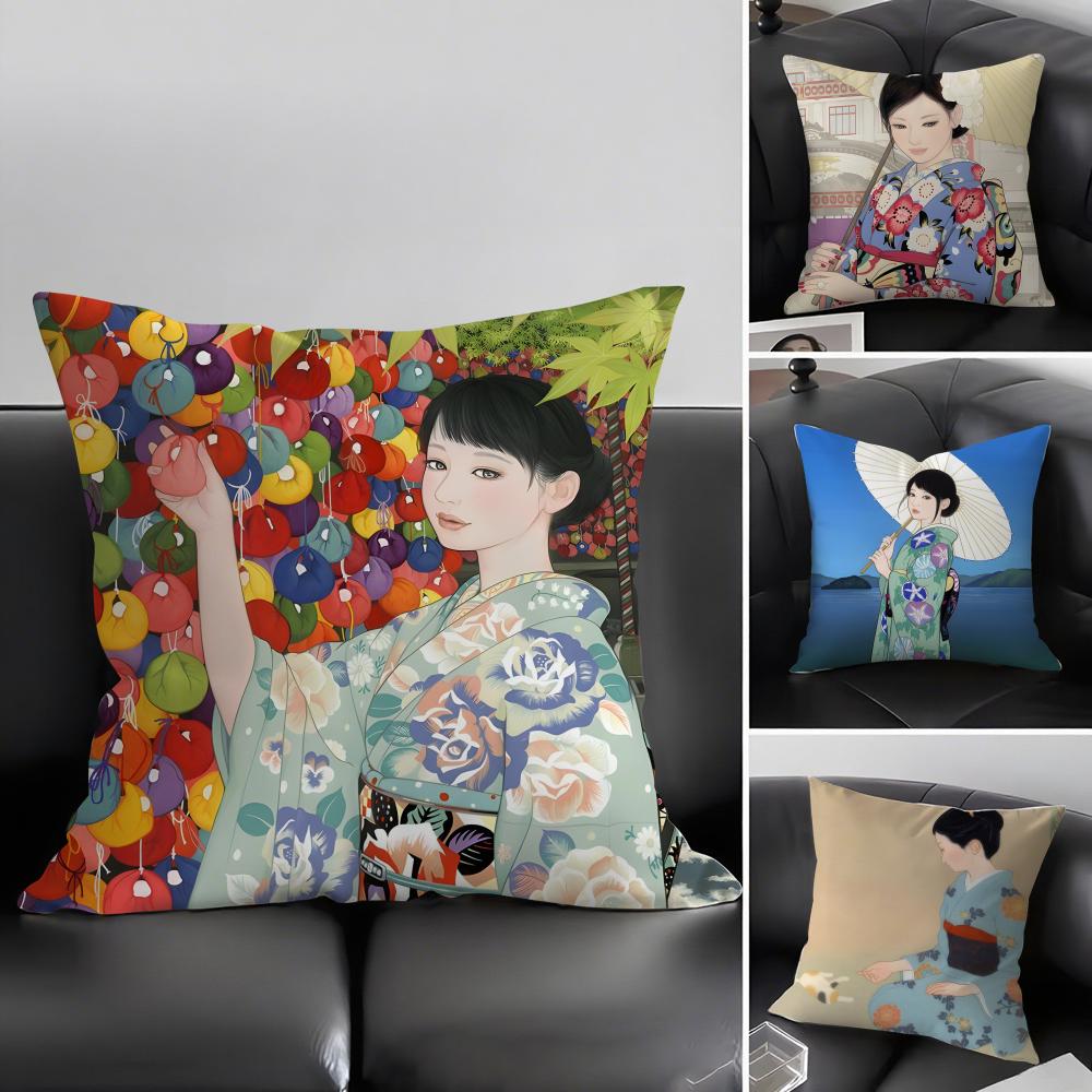 Kimono Girl Japanese Style Cushion Cover Pillowcase Ultra Soft Skin Friendly Fabric Cloud Like Comfort Concealed Zipper