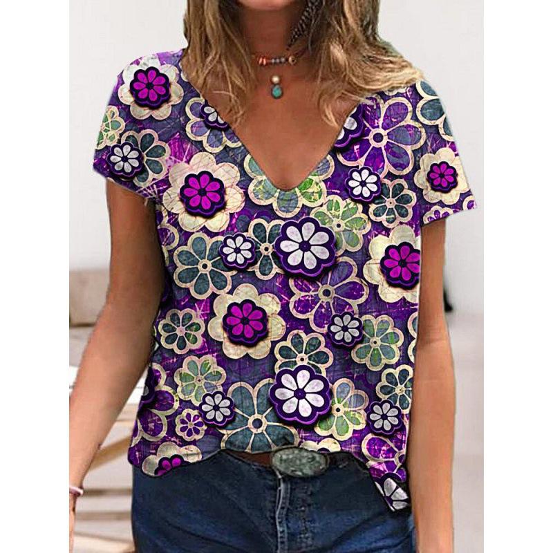 Summer V-neck 3D Flower Printed Top Fashionable Casual Short Sleeved Women's T-shirts