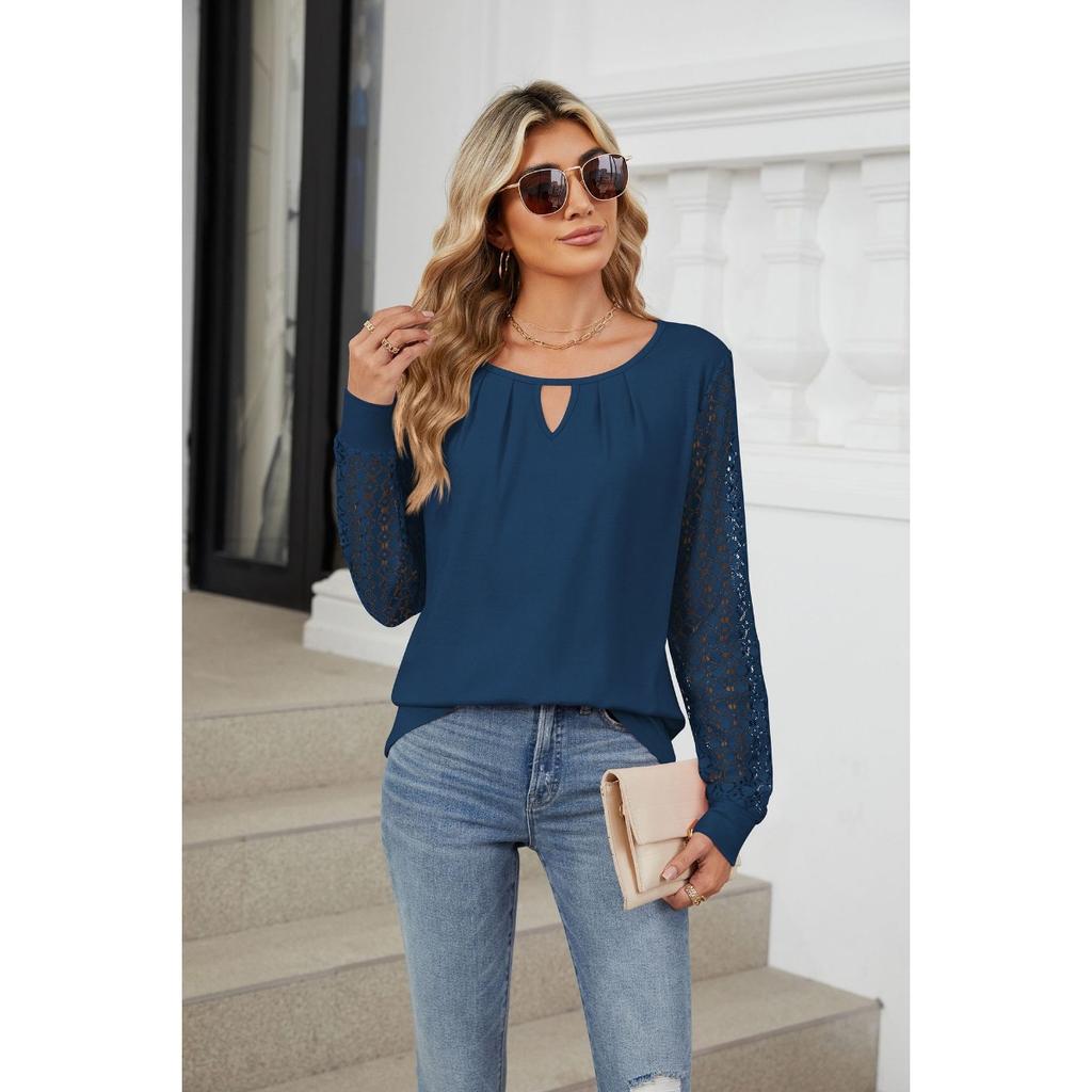 Fall Winter New Women's Solid Color Lace Splicing Loose Long Sleeve T-shirt Top For Cross-border Europe America