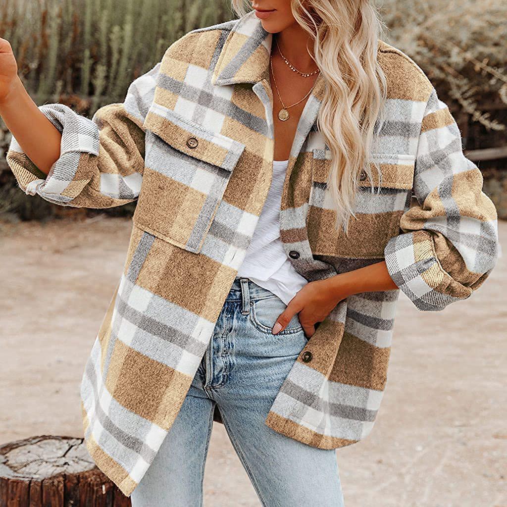 Women's Autumn/Winter Plaid Button Flannel Wool Shirt Jacket