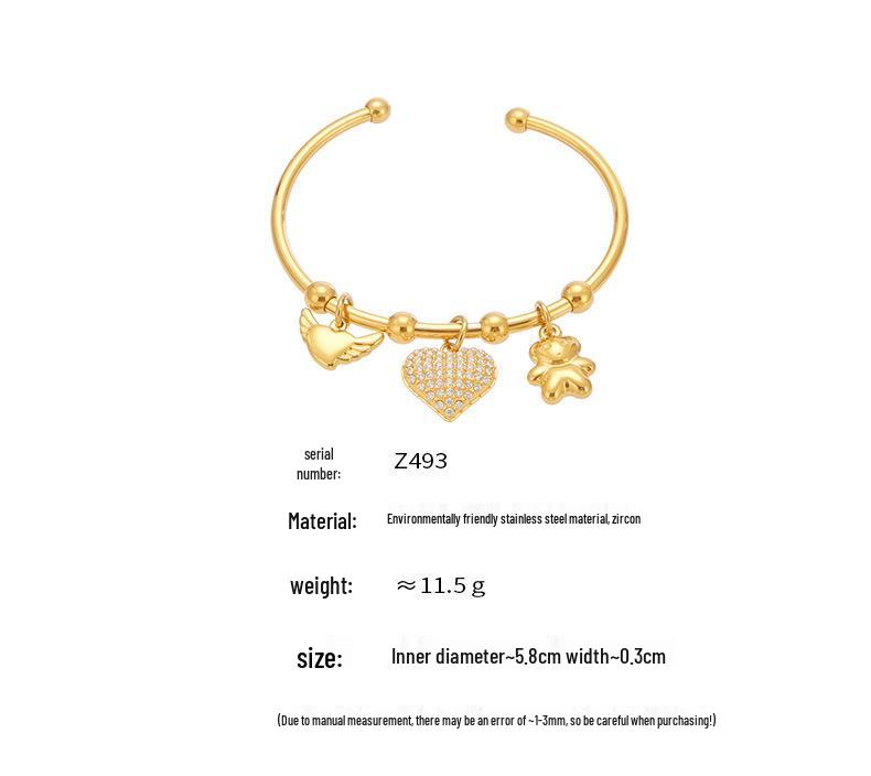 Qiong Yao Geometric Open Cuff & Enamel Heart Bracelet Set - Vacation Style