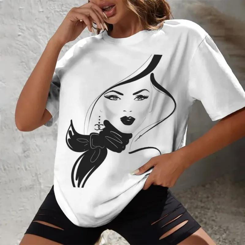 2024 Summer Street Casual And Comfortable Daily Women's Top Minimalist Hand Drawn Portrait Print O-neck Short Sleeved T-shirt