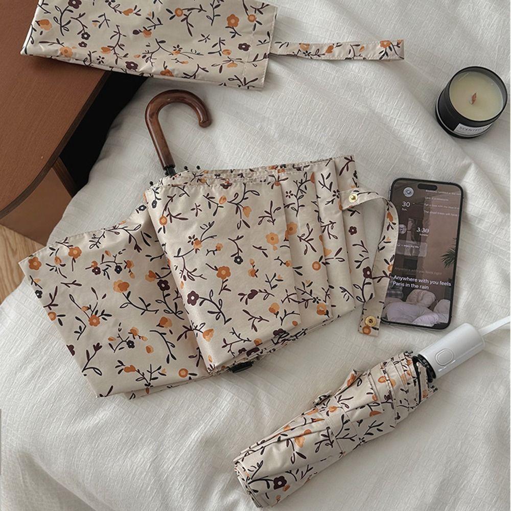 Fully Automatic/Manual Folding Rain Umbrella Curved Handle Floral Pattern Sunshade Umbrella with Storage Bag Comfortable Grip