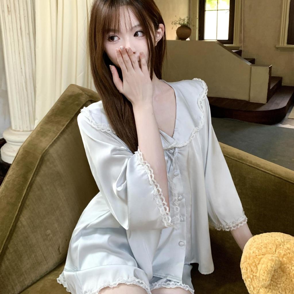 French Premium Long-sleeved Ice Silk Pajamas Women's Summer New Lace Loungewear Cardigan Shorts Set