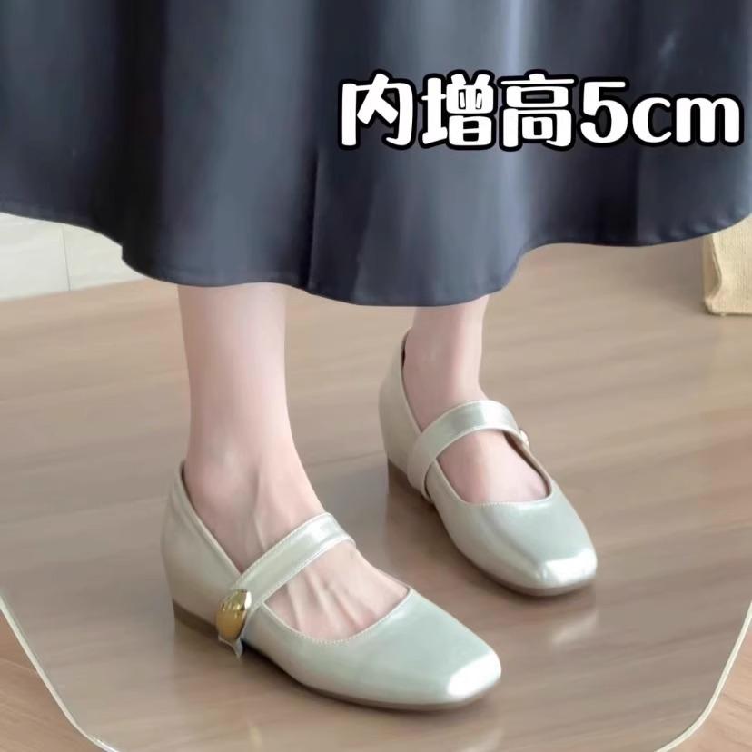 

Внутреннее увеличение высоты 5 см кожаные туфли Мэри Джейн на толстом каблуке женские 2025 новые ретро квадратный носок мелкий вырез туфли-лодочки на липучке 35
