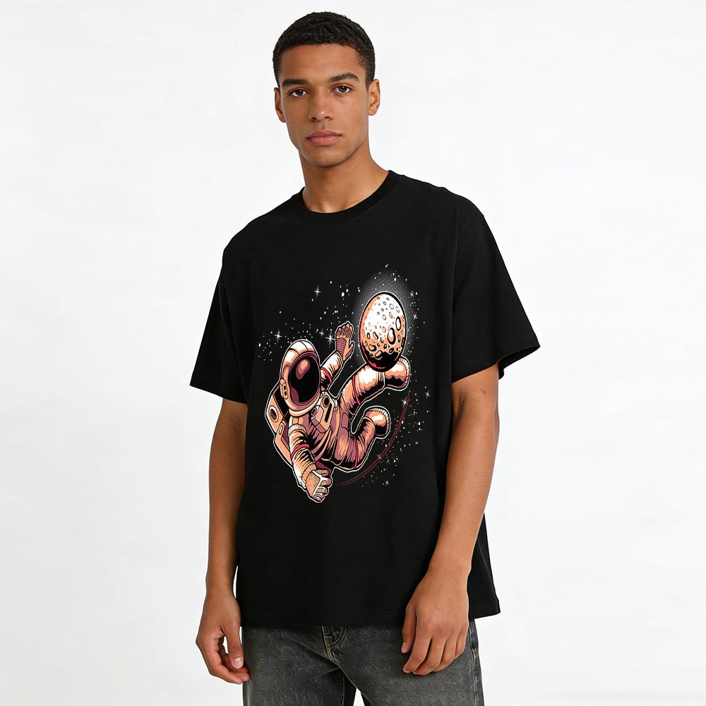 Astronaut Kicking Moon Graphic Print Casual Short Sleeve T-Shirt Pure cotton T-shirt