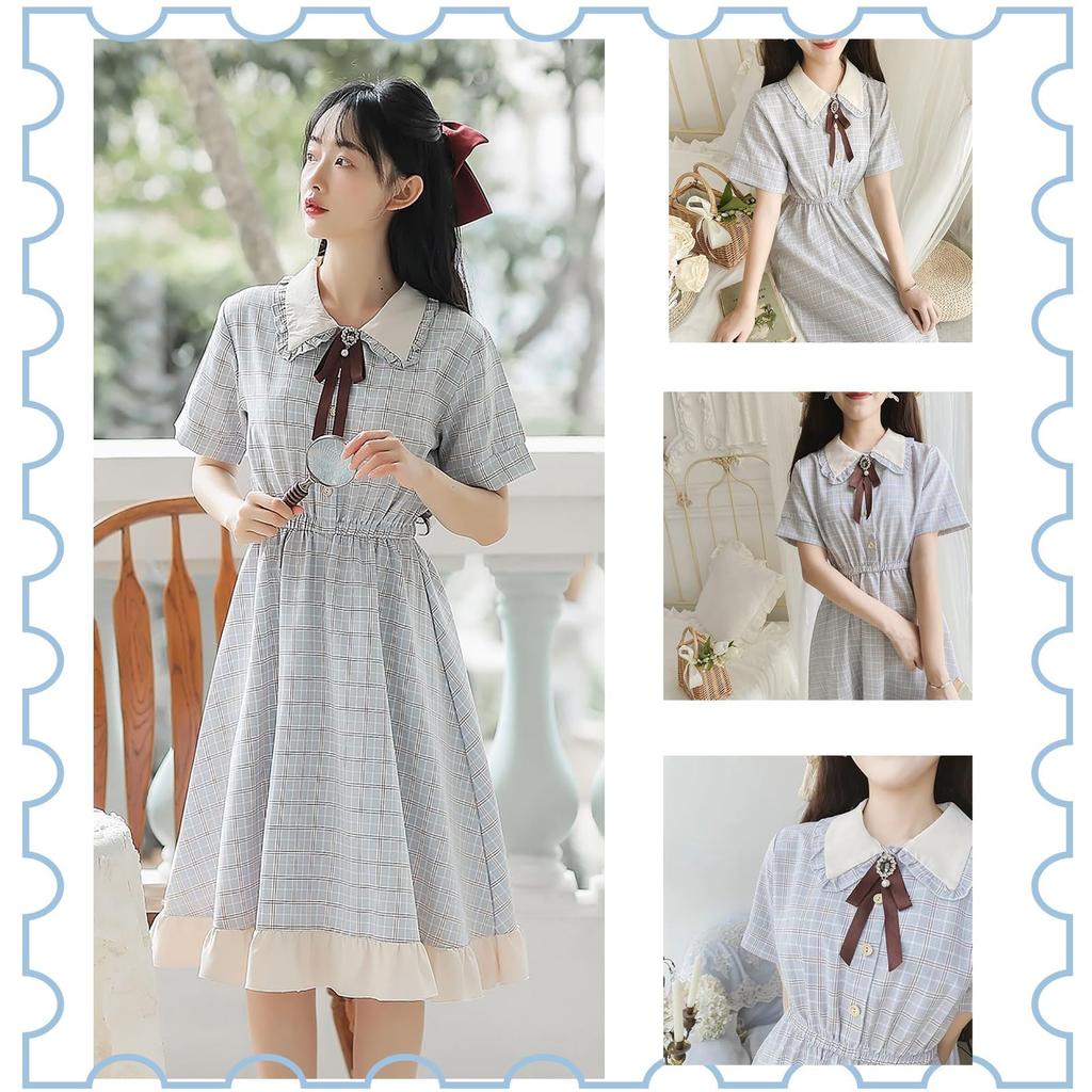 LAVASEON Checkered Dress with Long Short Dress with Elastic Waist and Ruffled Mori Princess Loose School 2-Piece Ribbon, Length, Mass-Produced,