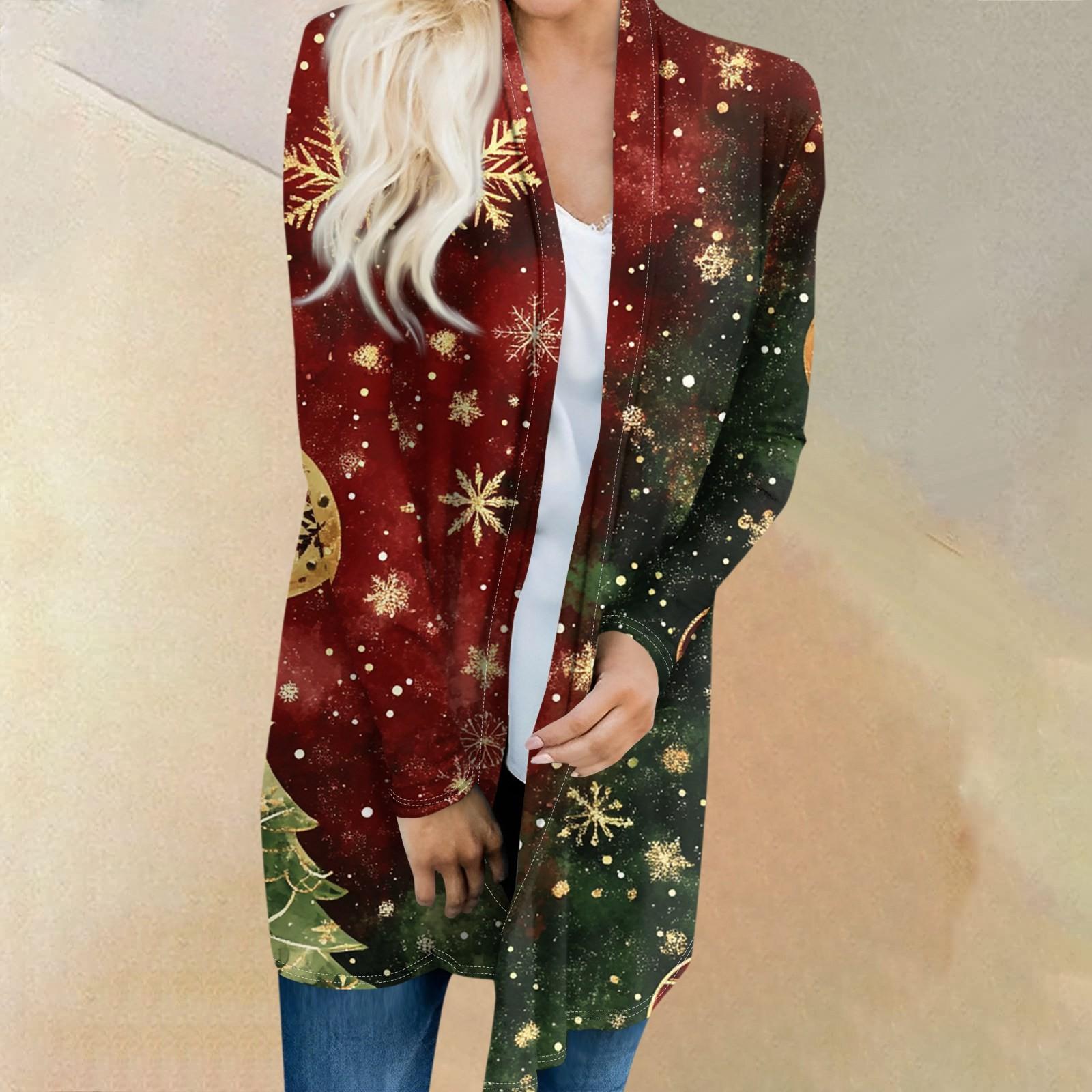 

Женский модный и повседневный рождественский принтованный кардиган средней длины с длинными рукавами XXXL красный