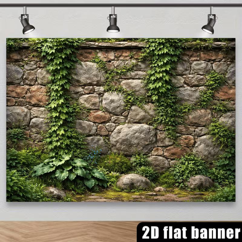 2D Natural Ivy-Covered Stone Wall Backdrop Lush Garden Photo Background