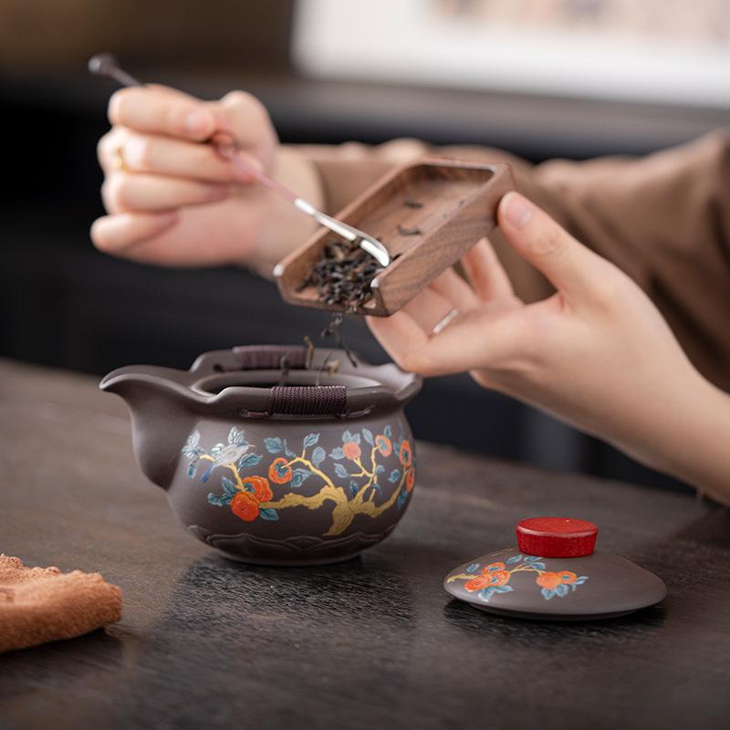 Purple sand travel tea set, small set, one pot, three cups, portable hand-held pot, business event meeting gifts