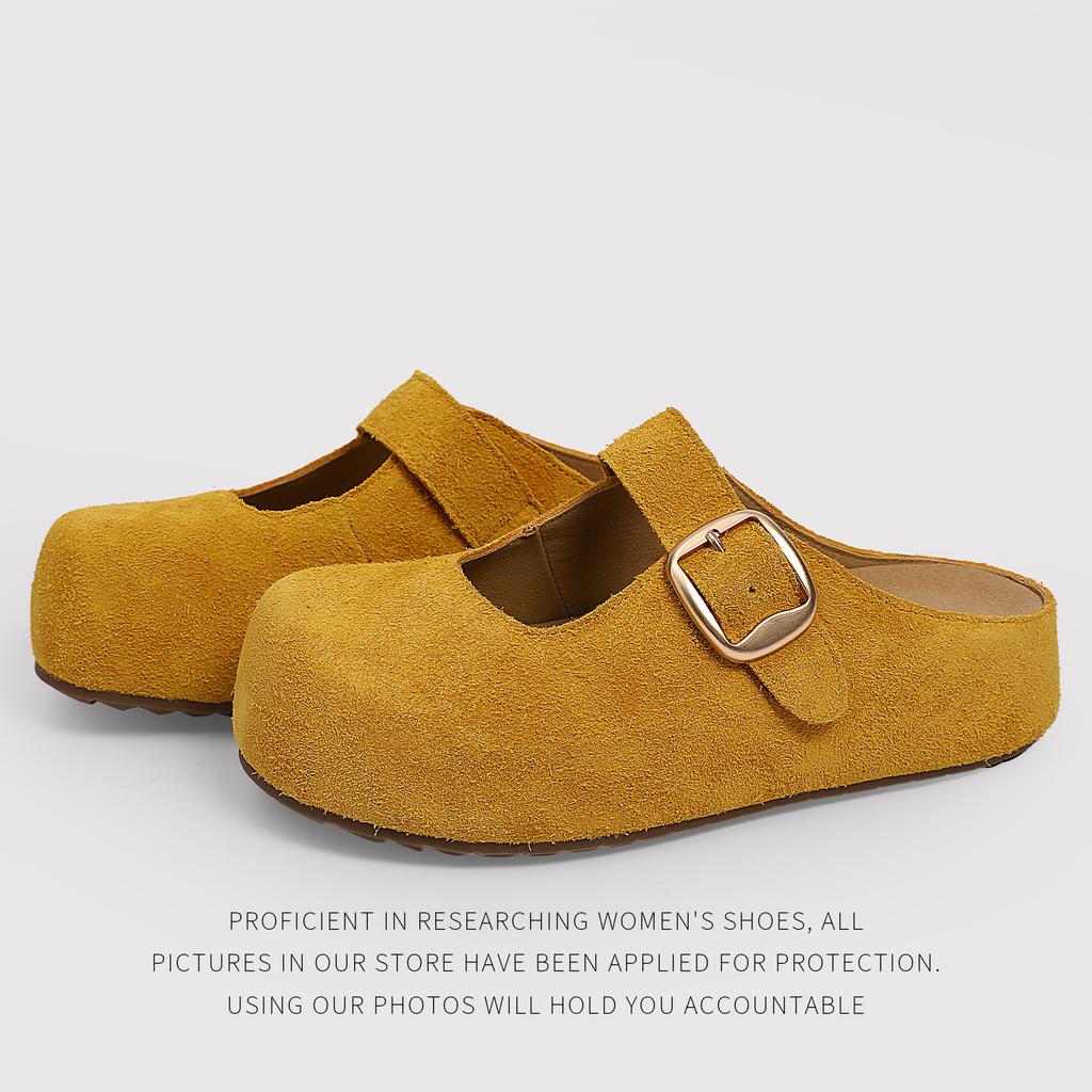 Cowhide Frosted Women'S Half Slippers With Buckle Women'S Round Head Empty Mary Jane Shoes