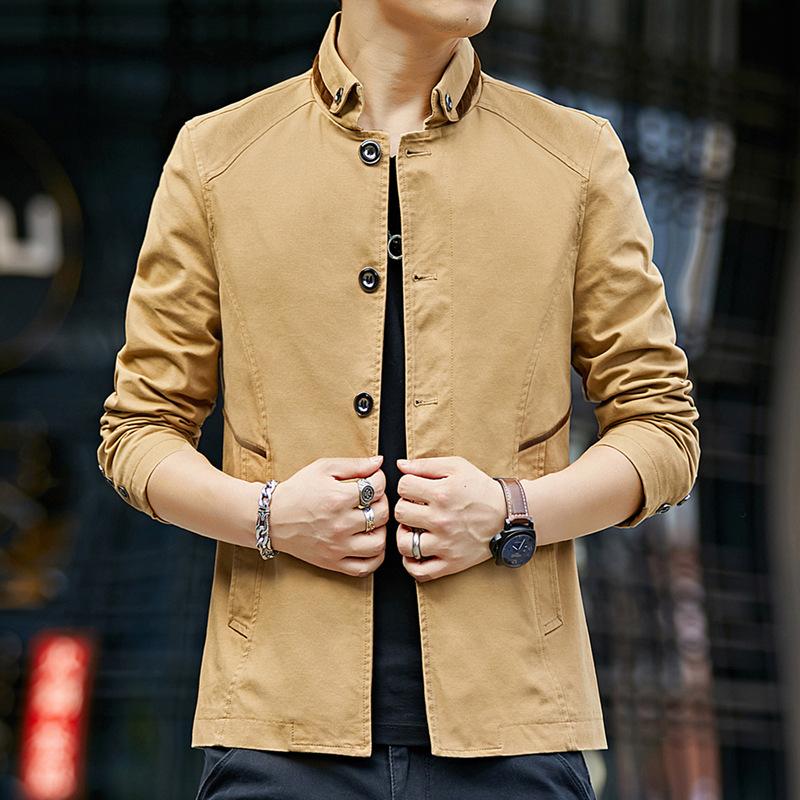 New Jacket Casual Loose Jacket Men Spring and Autumn Standing Collar Men's Trench Coat Washed Cotton Handsome Simple Coat