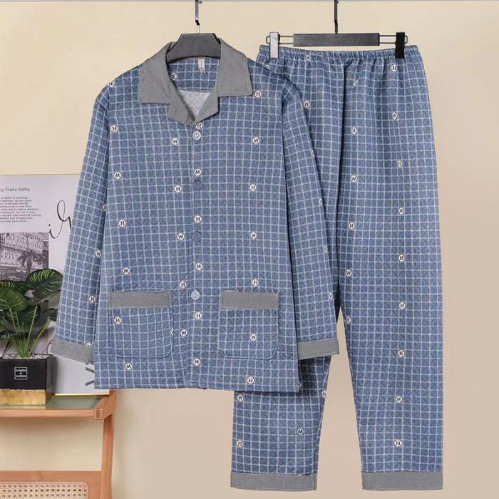 Men's Cotton Plaid Pajamas - Long-Sleeved Cardigan, Lapel, Plus Size, Perfect for Autumn and Winter.