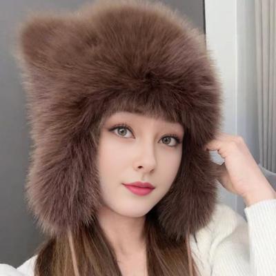 Women Winter Hat Thick Faux Fur Ear And Tail Decor Cartoon Racoon Solid Color Ear Protecting Windproof Lei Feng Cap for Skiing Snowboarding Hiking