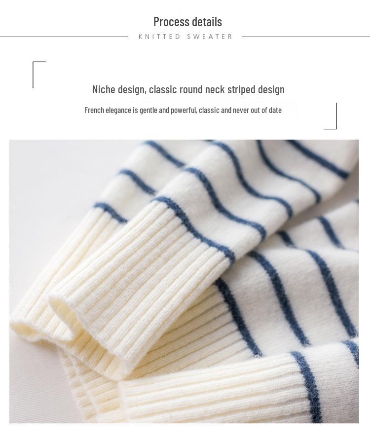 Women's Wool Round Neck Sweater - Autumn/Winter Striped Loose Knit Base Layer