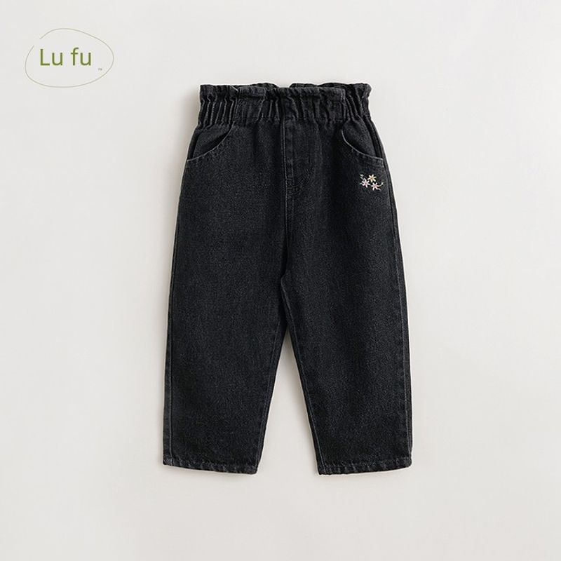 [Mark Jenny French Style] Girls  Floral Embroidered Lace Waist Jeans Children s Spring and Autumn Pants 240136 Black Gray 110