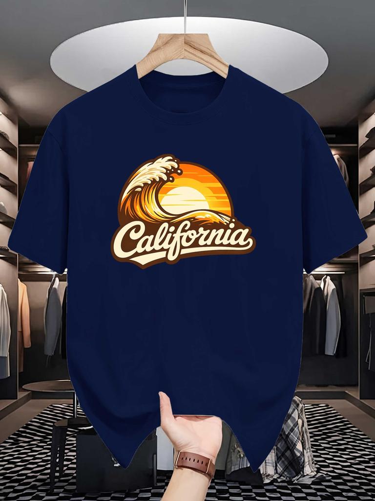 Unisex Beige Crew Neck Tee Vintage California Cursive Logo Giant Ocean Wave Orange Sunset Surf Coast Retro Holiday Cotton Top