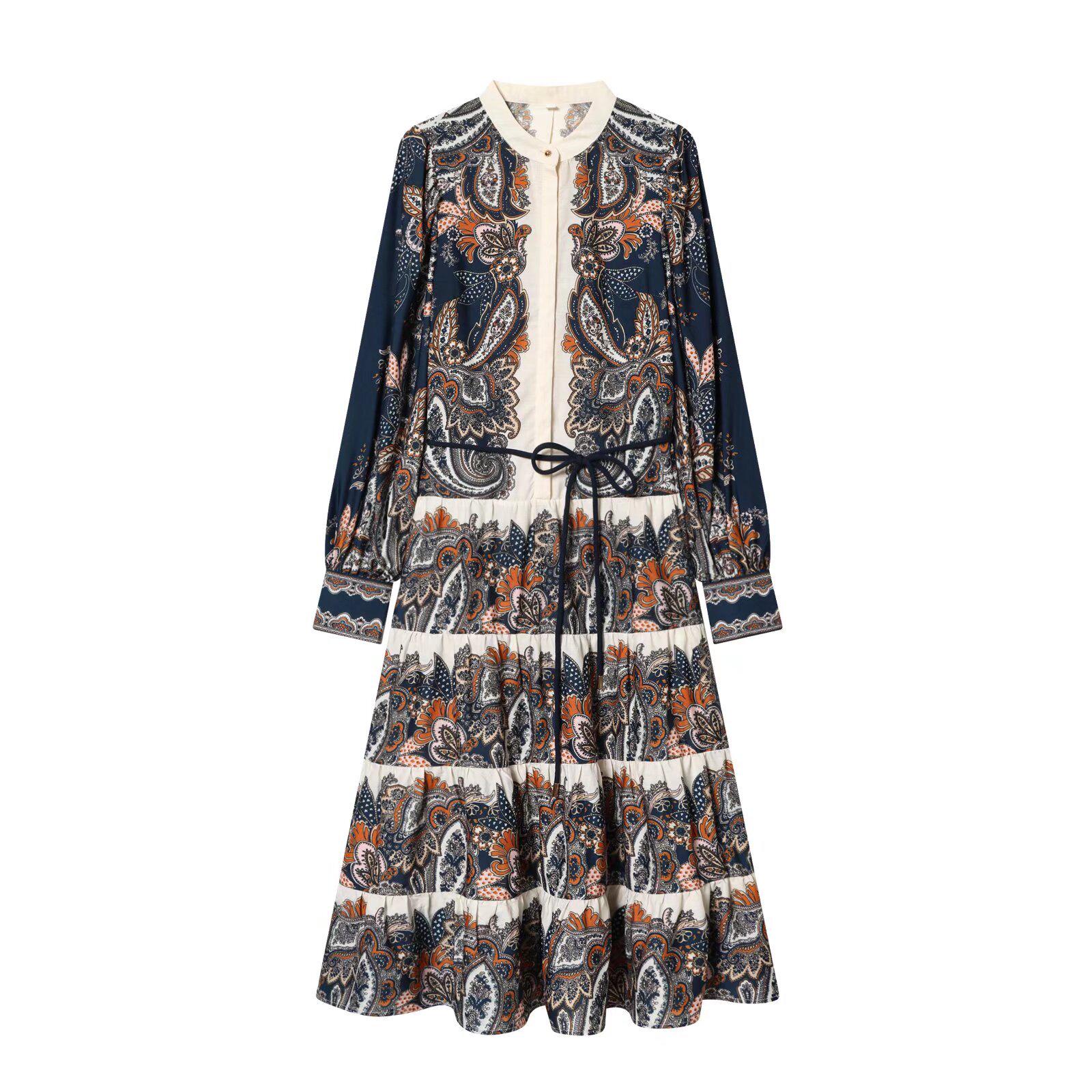 European Autumn/Winter 2025 Women s Temperament Waist-Cinching Printed Patchwork Long Dress Large