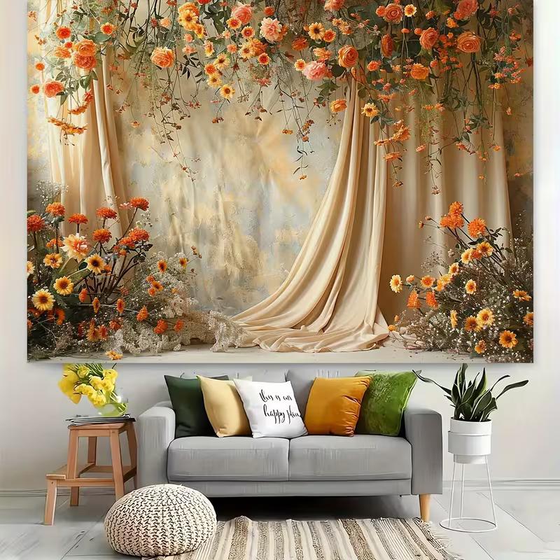 2D Vintage Beige Curtain Floral Backdrop Wedding Portrait Photography Background