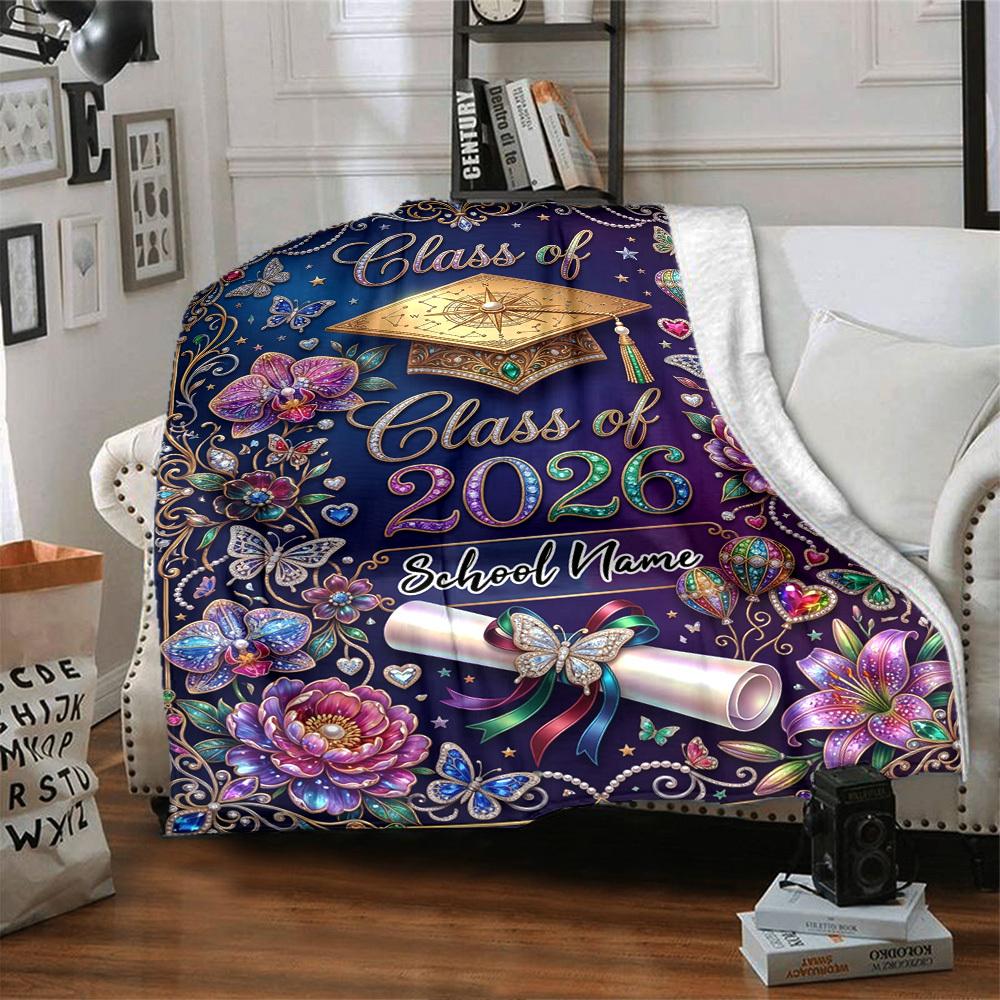 Graduation Celebration 2026 Floral Design Themed Blanket Personalized Name Soft Warm And Versatile For Sofa Bed Office And Travel Machine Washable