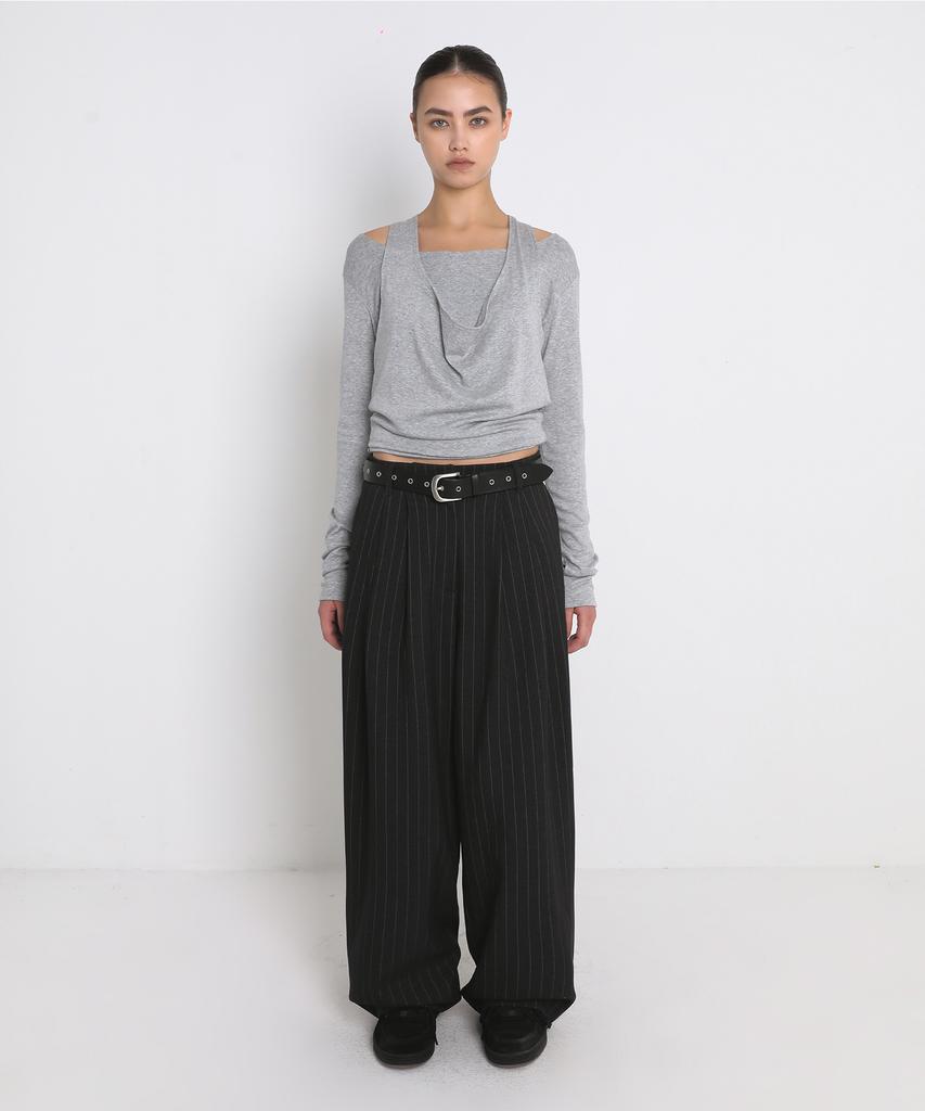 Saendeulig Draped Halter Layered Long Sleeve T-Shirt_Melange Gray
