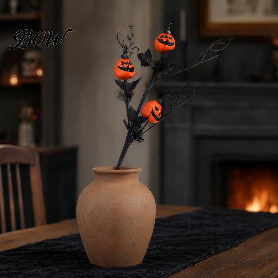 Spooky Halloween Home Decor Artificial Pumpkin Stems, Black Branch with Maple Leaves, Fake Leaf And Gothic Floral Arrangement for Vase,