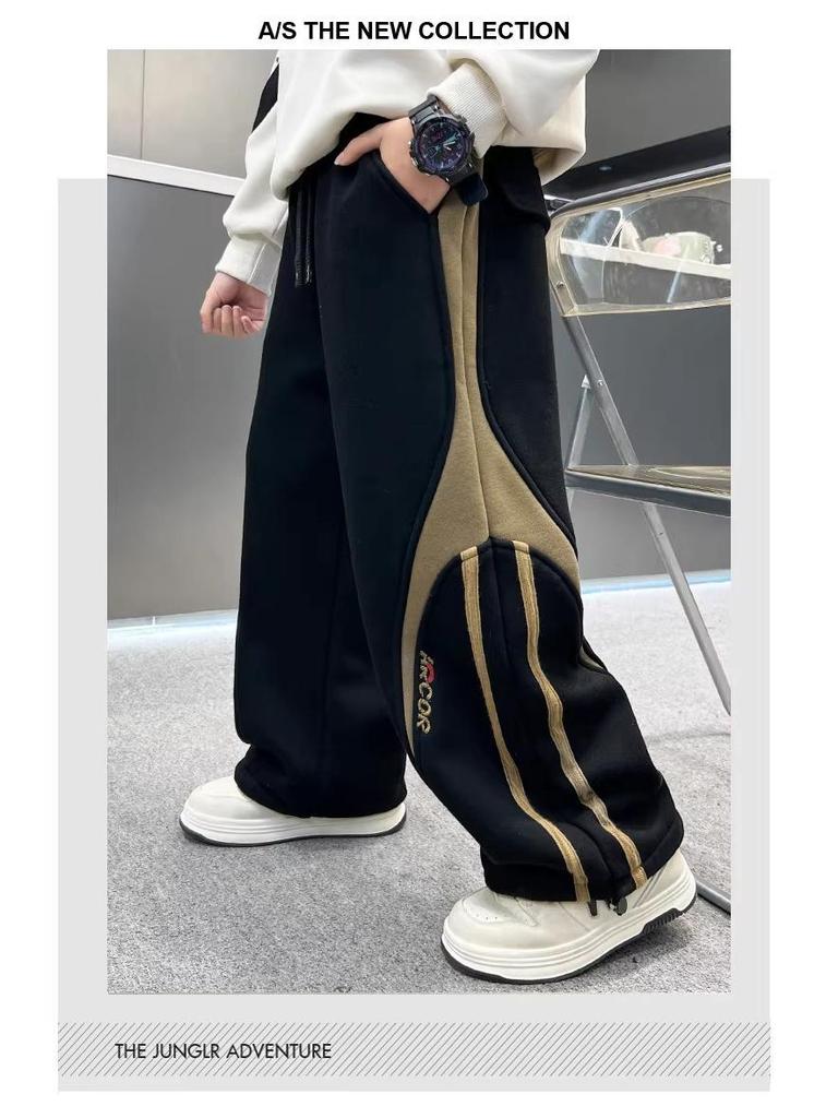 Boys' Thick Fleece-Lined Velvet Sweatpants – Warm Autumn/Winter Pants with Spliced Line Design