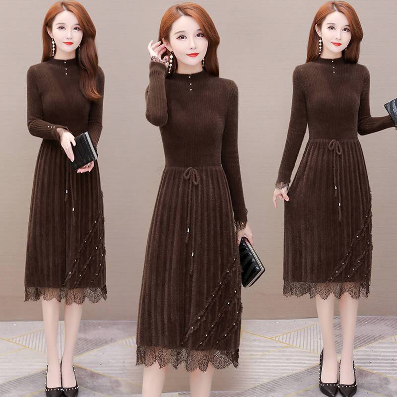

Осенне-зимние платья длиной до колена Женские сетчатые платья-свитера Кружевные вязаные платья Пуловеры с полувысоким воротником S коричневый