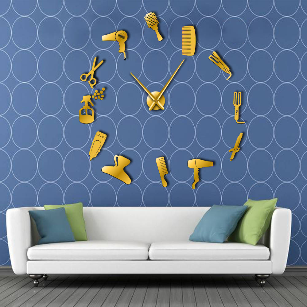

DIY Barber Shop Giant Wall Clock With Mirror Effect Barber Toolkits Decorative Frameless Big Clock Hairdresser Barber Wall Art (Gold,27 Inch) золотой