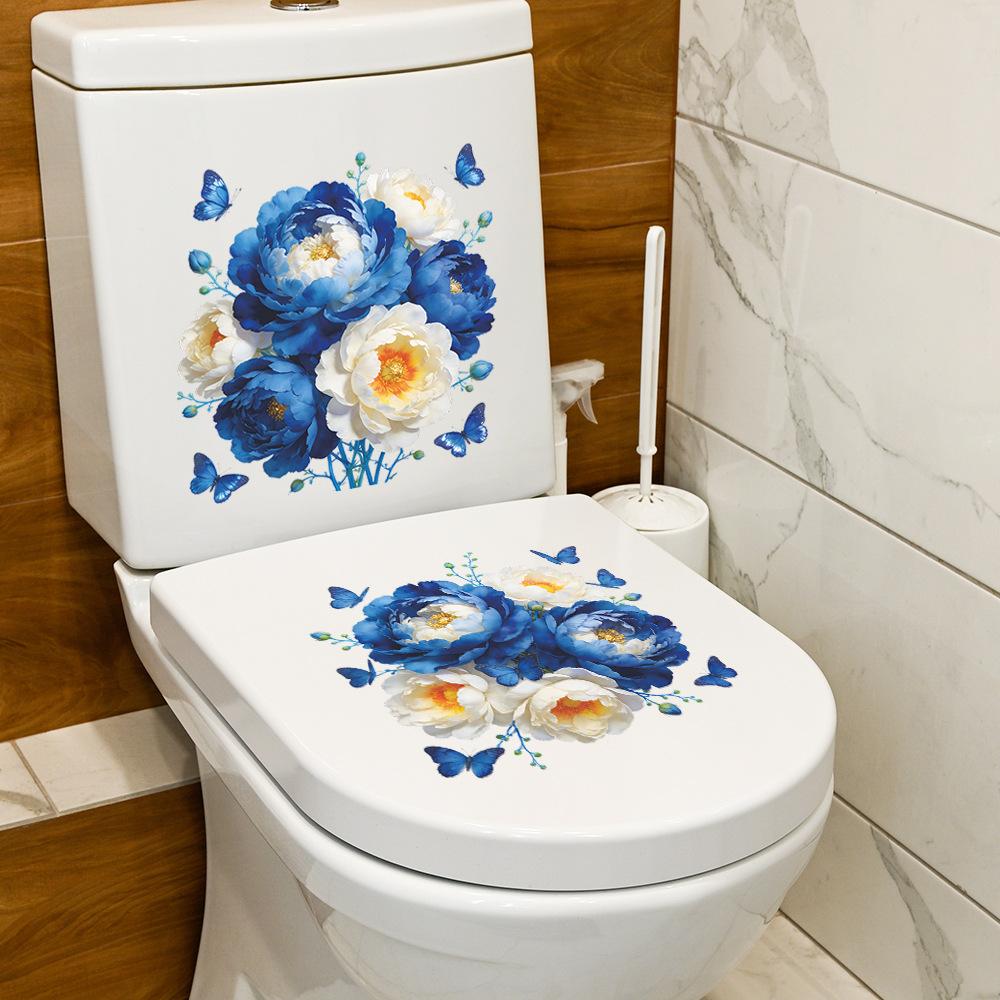 Painted Peony Flower and Butterfly Bathroom and Toilet Decoration Beautifying Wall Stickers