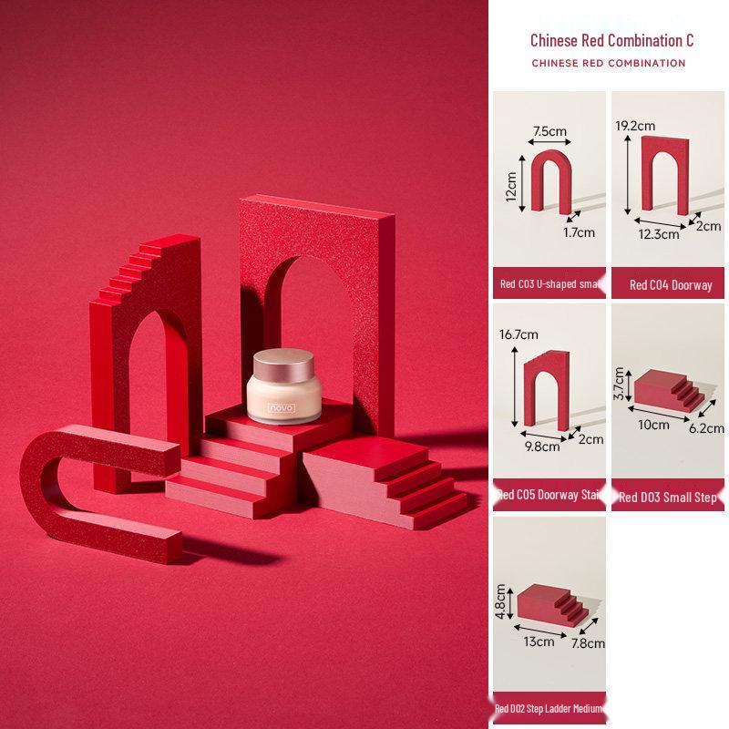 Chinese Red Geometric Photography Props: New Year Theme Still Life Display Stand
