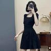 Letní černé sladko-pikantní šaty nadměrné velikosti hruškovitého střihu se čtvercovým výstřihem pro ženy