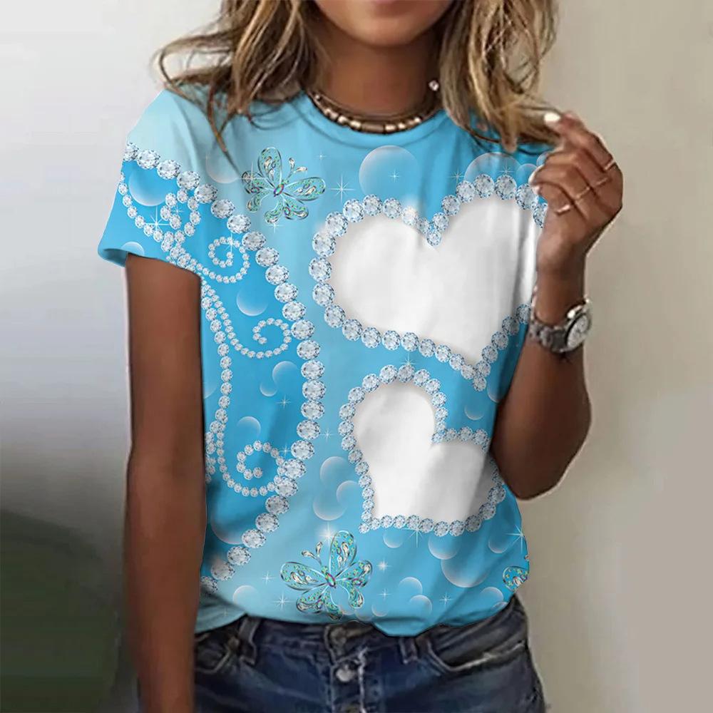 Butterfly and Flower Pattern 3D Digital Printing Women's Fashion Round Neck Short Sleeve T-shirt