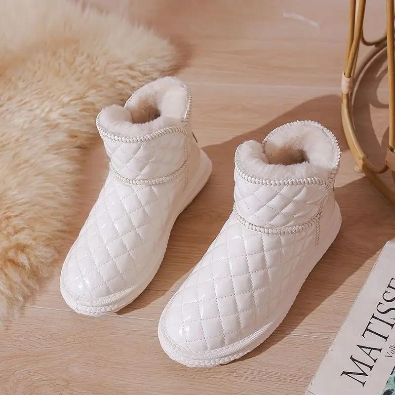 Fashion Leather Snow Boots Women's Winter New Internet Celebrity Ankle Boots Non-slip Waterproof Warm Velvet Cotton Shoes Bread Shoes