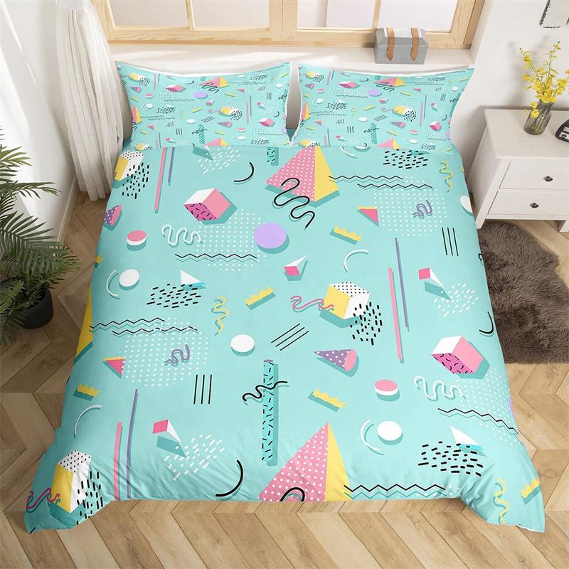 Psychedelic 3D Geometric Duvet Cover Microfiber Colorful Pop Abstract Art Comforter Cover Retro 80s Style Bedding Set Queen Size