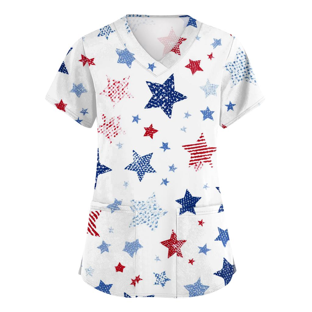 Women's Fashionable V-Neck Short-Sleeved Work Top With Pockets And Independence Day Print  Uniform