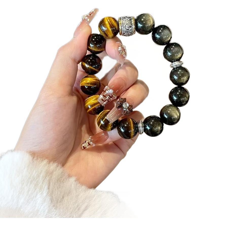 Black Myth Wukong Obsidian Perlenarmband: Viel Glück Sechs-Silben-Mantra Silberobsidian Buddhistische Perlen für Männer und Frauen.