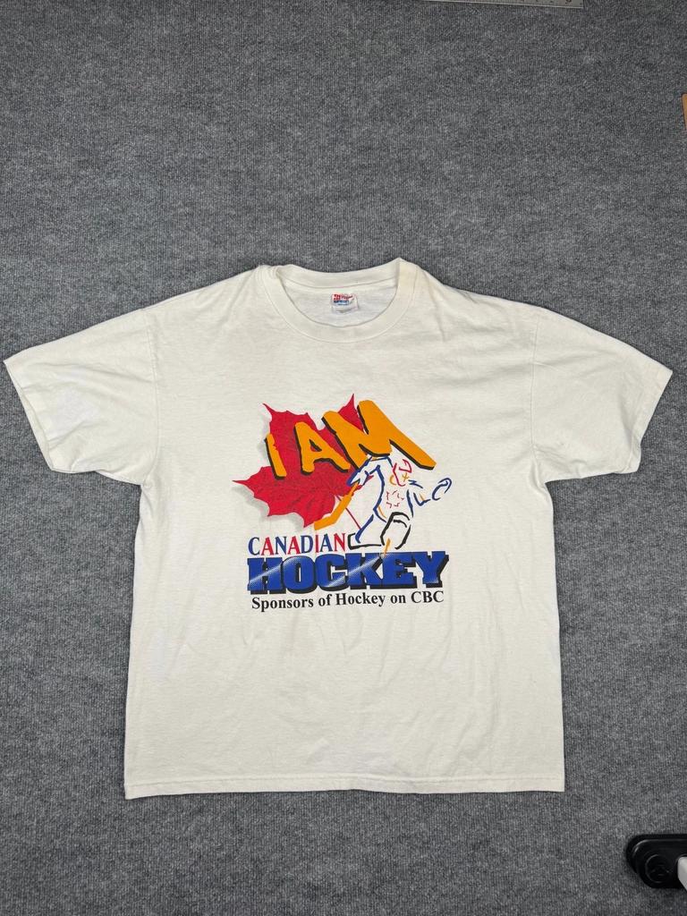 Vintage 90er Ich bin Kanadischer Eishockey CBC 100% Baumwolle T-Shirt Herren T-Shirts Oberteil Hanes Schwergewicht XL 50/50