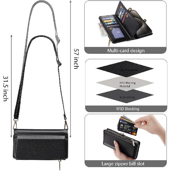 MInCYB for iPhone 16 Pro Wallet Case with Card Holder (10+ Card Slots) - PU Leather Case for Women & Men, Wireless Charging, Detachable Magnetic,