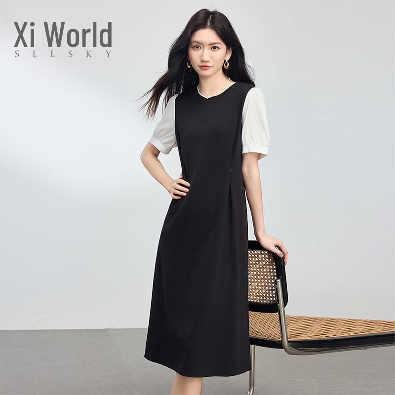 SLLSKY Women s Faux Two-Piece Puff Sleeve Dress L