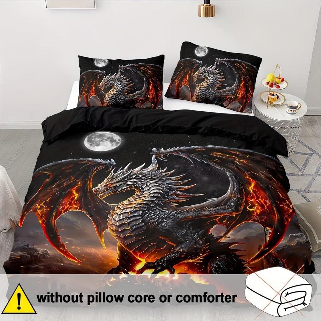 Open 2/3pcs of Soft And Comfortable Dragon Duvet Cover for Double Beds, Featuring Ancient Beast 3D Dragon bedding for Double Beds