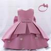 Baby Girl's Feather Embroidery Princess Dress - First Birthday Party Outfit with Big Bow.