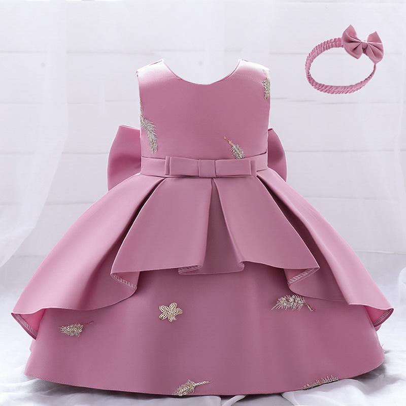 

Baby Girl s Feather Embroidery Princess Dress - First Birthday Party Outfit with Big Bow. 80cm темно-розовый