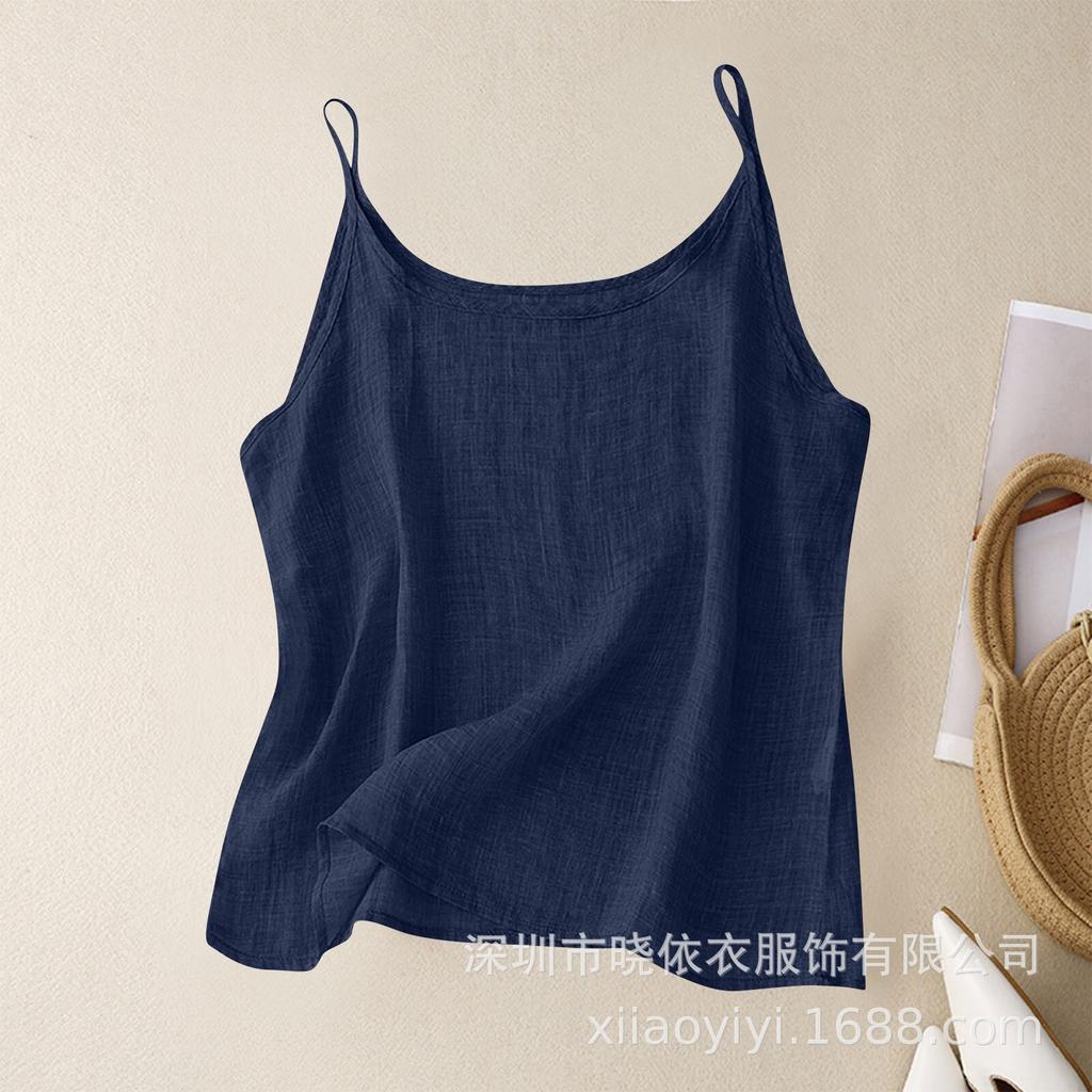 Women Vintage Linen Cami Tank Top Scoop Neck Thin Spaghetti Strap Loose Casual Camisole S-5XL Plus Size