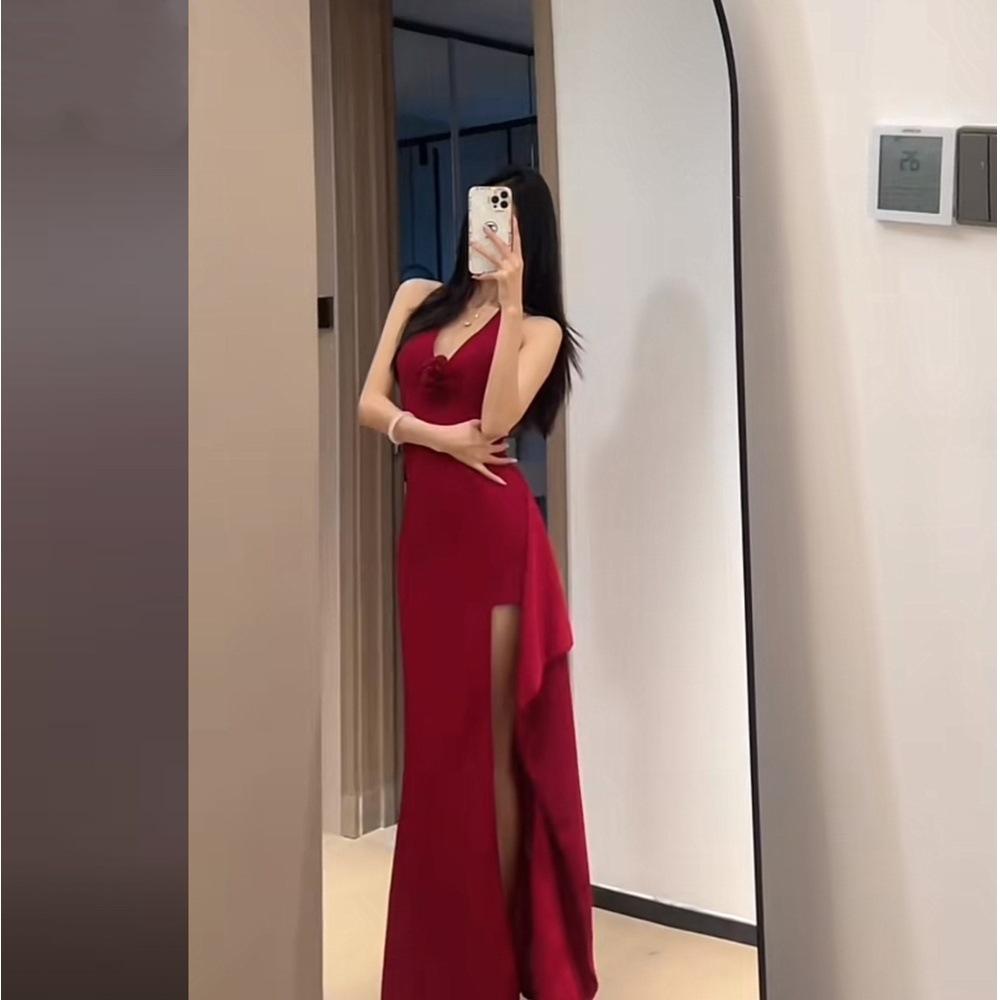 Black V-neck Dress Women's Casual Women's Autumn New Temperament Split Banquet Evening Dress Long Dress
