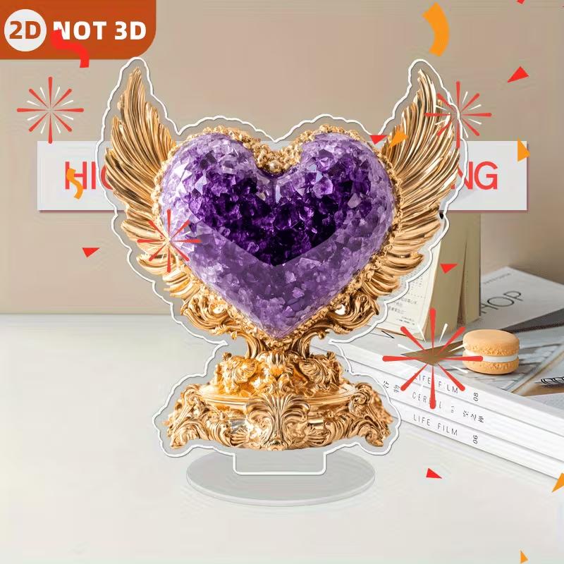 Purple Heart-Shaped Synthetic Gemstone Gold Wing Acrylic Ornament for Valentine s Day Anniversary Wedding Modern Romantic Decor