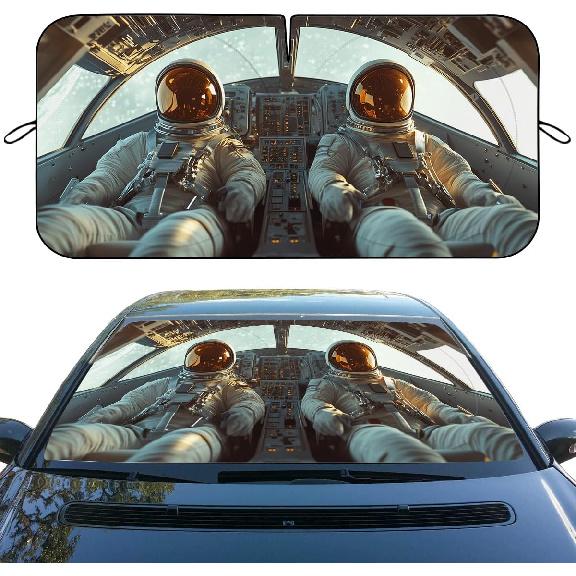 Astronaut Car Front Window Sun Shield, 59  L x 31.5  W, Universal Fit, Polyester, Blocks 99% Light & Heat, Protects Interior, Easy tall & Store 59 L x 31.5 W