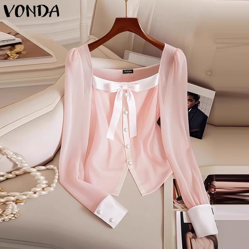 VONDA Women Elegant Solid Color Knot Long Sleeve Blouses