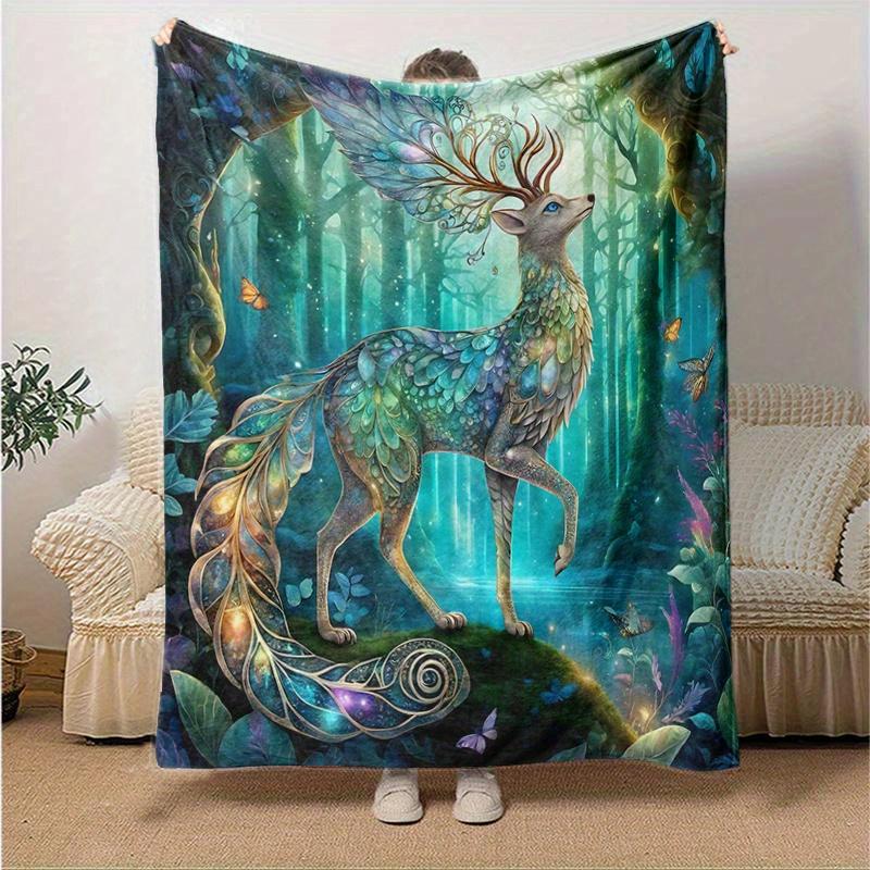 1pc Mystical Deer with Wings and Antlers In a Luminous Woodland Setting Blanket, Softs for Bed Couch Sofa, Living Room, Travel, Camping, Car Blankets